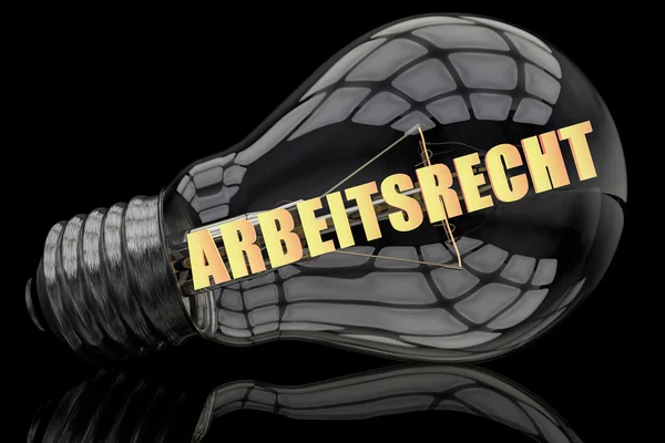 Arbeitsrecht - german word for labor law - lightbulb on black background with text in it. 3d render illustration. — 스톡 사진